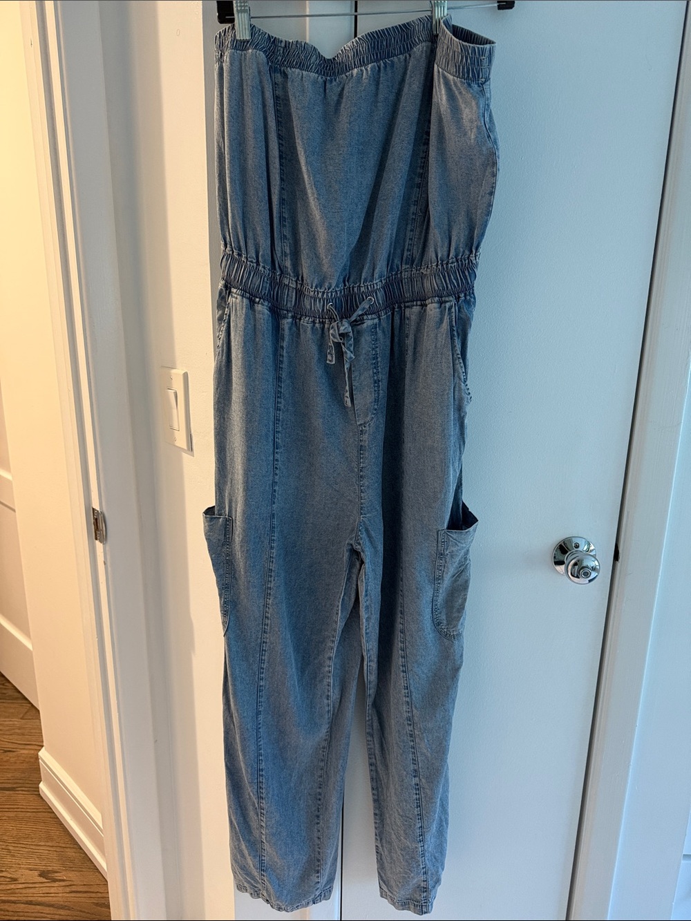 Denim Strapless Drawstring Jumpsuit Central Park West